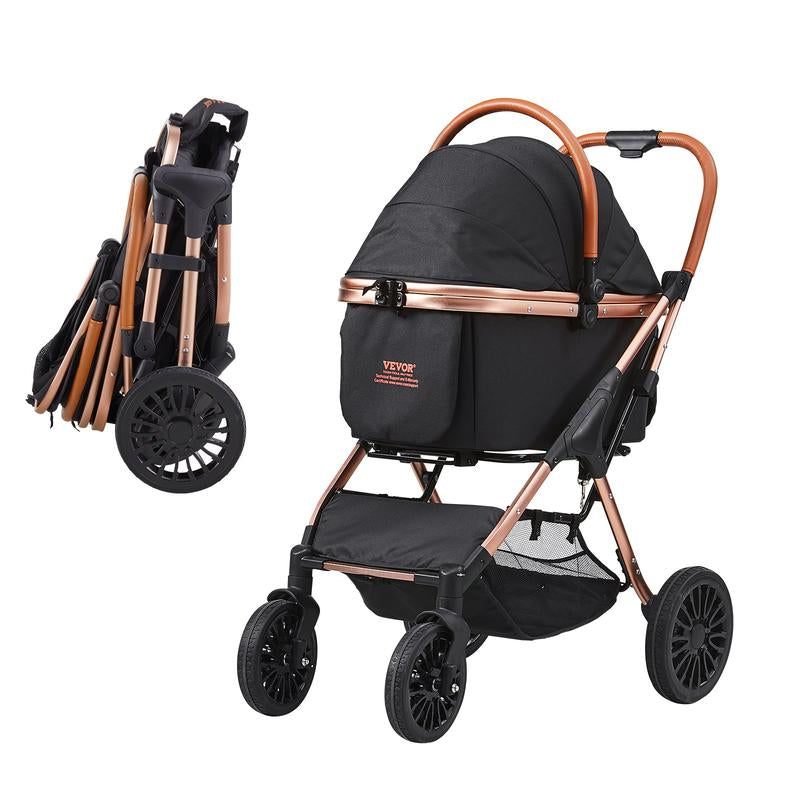 VEVOR Pet Stroller, 4 Wheels Dog Stroller Rotate with Brakes, 35Lbs Weight Capacity, Puppy Stroller with Detachable Carrier, Storage Basket and Cup Holder, for Dogs and Cats Travel, Black+Dark Grey