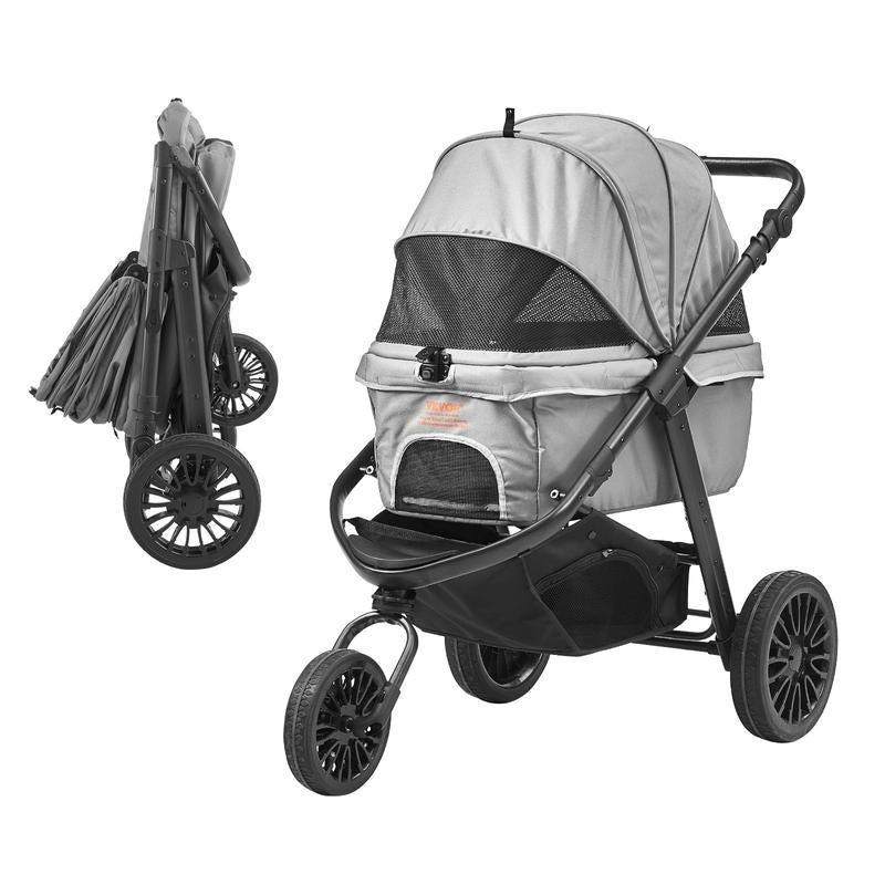 VEVOR Pet Stroller, 4 Wheels Dog Stroller Rotate with Brakes, 35Lbs Weight Capacity, Puppy Stroller with Detachable Carrier, Storage Basket and Cup Holder, for Dogs and Cats Travel, Black+Dark Grey