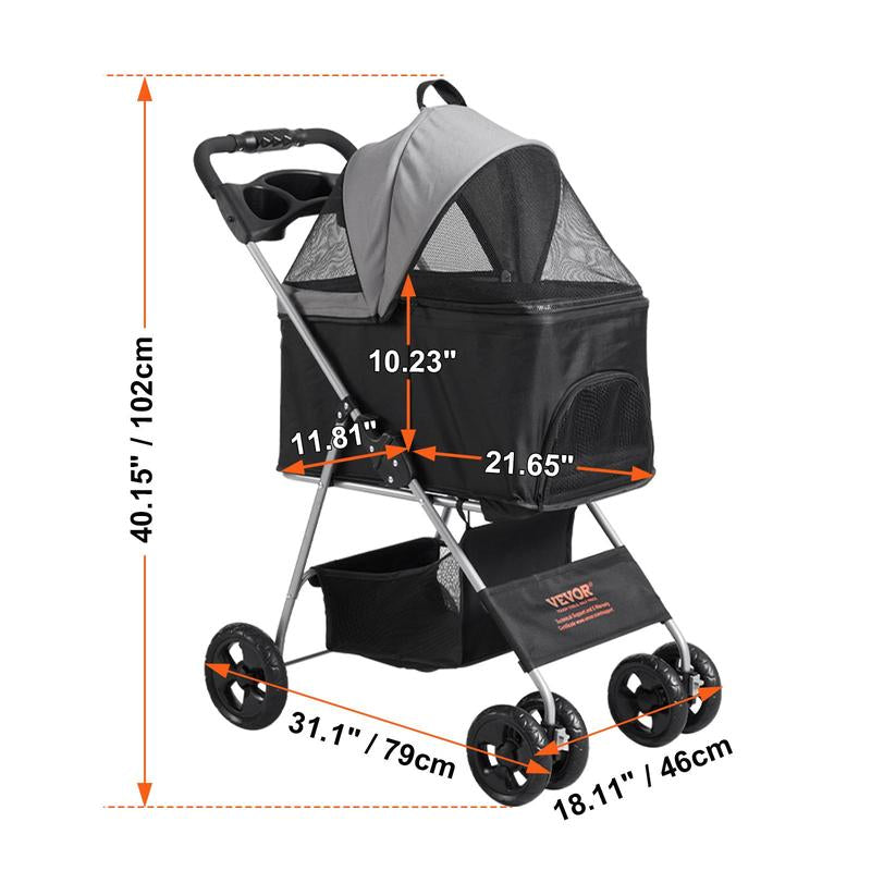 VEVOR Pet Stroller, 4 Wheels Dog Stroller Rotate with Brakes, 35Lbs Weight Capacity, Puppy Stroller with Detachable Carrier, Storage Basket and Cup Holder, for Dogs and Cats Travel, Black+Dark Grey