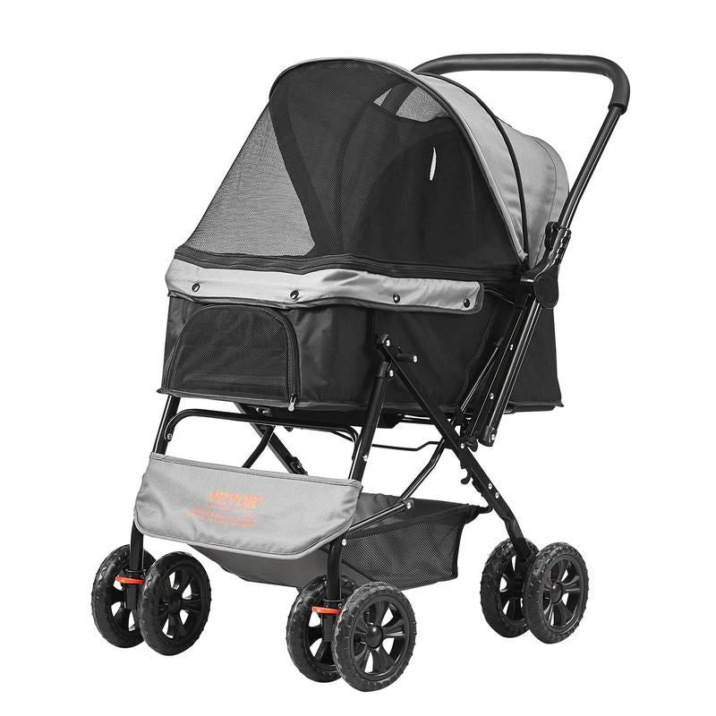 VEVOR Pet Stroller, 4 Wheels Dog Stroller Rotate with Brakes, 35Lbs Weight Capacity, Puppy Stroller with Detachable Carrier, Storage Basket and Cup Holder, for Dogs and Cats Travel, Black+Dark Grey