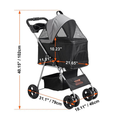 VEVOR Pet Stroller, 4 Wheels Dog Stroller Rotate with Brakes, 35Lbs Weight Capacity, Puppy Stroller with Detachable Carrier, Storage Basket and Cup Holder, for Dogs and Cats Travel, Black+Dark Grey