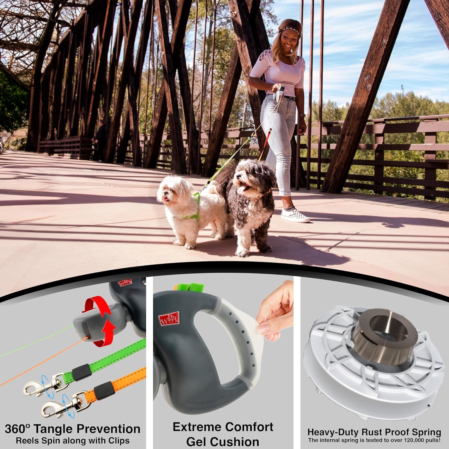 - 2025 Edition - 2 Dog Retractable Leash – Featuring Our Incredible Silicone Gel Handle - No Tangle Engineering. Each Dog 50 Lb up to 10 Ft Distance. Lock and Unlock Easily. Reflective Webbing.