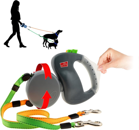 - 2025 Edition - 2 Dog Retractable Leash – Featuring Our Incredible Silicone Gel Handle - No Tangle Engineering. Each Dog 50 Lb up to 10 Ft Distance. Lock and Unlock Easily. Reflective Webbing.